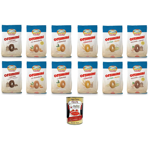 Divella Testpaket Ottimini, Haselnuss, Mandeln, Zitrone, Reis und Mais, Klassiker, Kakao mit Schokoladenstückchen 8x400gr 4x350gr inkl. Italian Gourmet polpa 400g Original italienisch