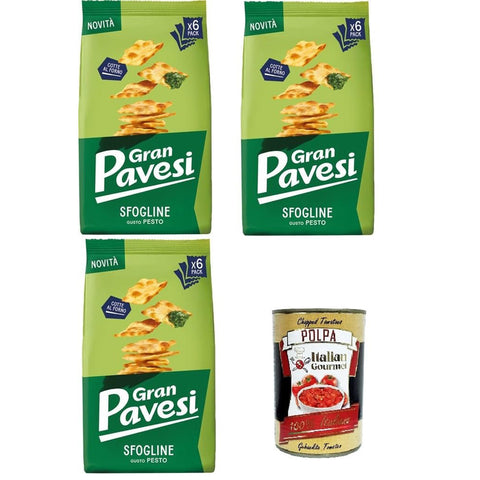 Pavesi Gran Pavesi Sfogline Snack croccante di pasta sfoglia al gusto di Pesto Sfogline Knuspriger Blätterteig - Snack mit Pesto - Geschmack, gebacken 3x180gr inkl. Italian Gourmet Polpa di Pomodoro 400g Original italienisch