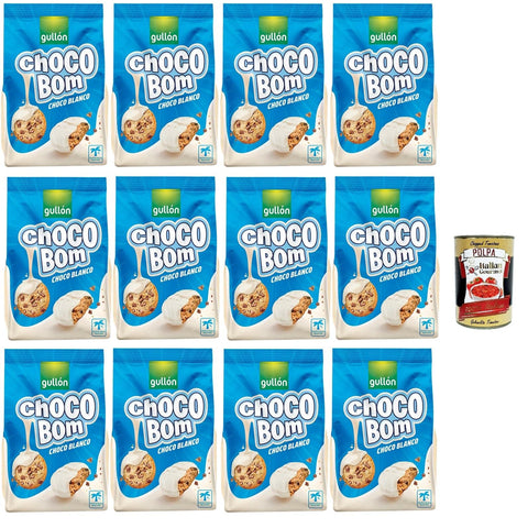 Gullon Choco Bom Biscotti con gocce di cioccolato ricoperti al cioccolato bianco Schokoladenkekse mit weißer Schokolade überzogen 12x200gr Original italienisch inkl. Italian Gourmet Polpa 400g