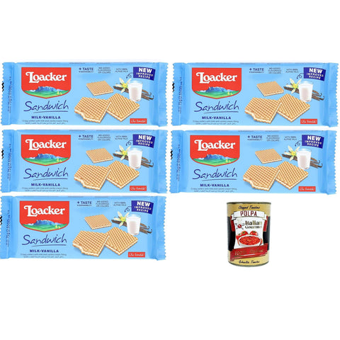 Loacker Milch Vanille Sandwich Waffelkekse mit einem Herz aus Milch und Vanillecreme, umhüllt von 2 knusprigen Kakaowaffeln 5x75g Original italienisch