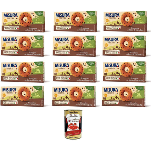 Misura Ciambelline con Gocce di Cioccolato Fibrextra Donuts mit Fibrextra-Schokoladenstückchen abmessen | 100% Vollkornmehl | Reich an Ballaststoffen 12x230gr Original italienisch inkl. Italian Gourmet Polpa 400g