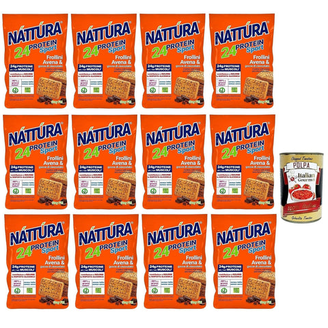 Náttúra Protein Sport Protein Kekse mit Haferflocken und Schokoladenstückchen, reich an Ballaststoffen und Proteinen, 12 Beutel mit 200g Original italienisch inkl. Italian Gourmet Polpa di Pomodoro 400g Dose