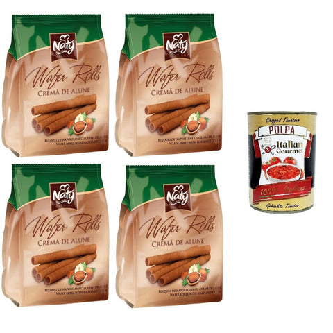 Naty Premium Wafer Rolls Hazelnut Cream Haselnusscreme Waffeln, Sandwiches, 4x100gr Original italienisch inkl. Italian Gourmet Polpa 400g