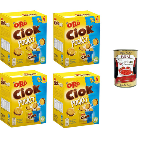 Oro Ciok Pocket, Mini - Kekse gefüllt mit leckerer Milchschokoladencreme, einfacher und leckerer Snack, ohne Farb - und Konservierungsstoffe 4x 160g inkl. Italian Gourmet polpa 400gr Original italienisch