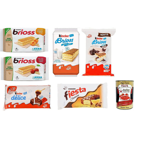 Ferrero Kinder Brioss Delice Fiesta Albicocca Ciligia Cacao und Latte kuchen 6 Packung mit 10 Snacks, 280 g Testpaket Original italienisch inkl. Italian Gourmet Polpa 400g