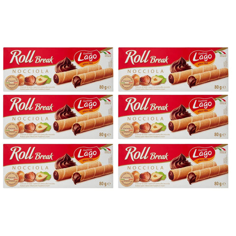 Lago Gastone Lago Roll Break Nocciola Waffelpad Wafer gefüllt mit Haselnusscreme 6x 80g Original italienisch