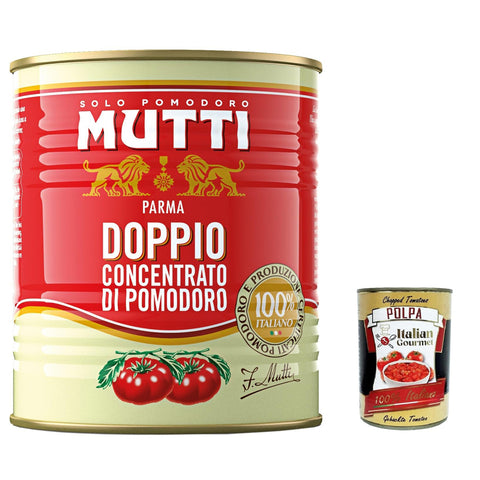 Mutti Doppio Concentrato di Pomodoro, Doppeltes Tomatenkonzentrat,100% Italienische Tomate, 880g 12x Original italienisch inkl. Italian Gourmet Polpa di Pomodoro 400g Dose
