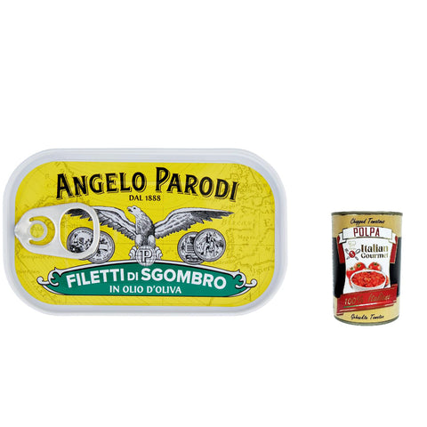 Angelo Parodi Filetti Di Sgombro In Olio D'oliva, Makrele Filets in Olivenöl 90 g + Itlaian Gourmet polpa 6x 400g Original italienisch