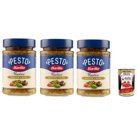 Barilla Pesto Rustico Basilico E Olive, Pesto pasta sauce mit Basilikum und Oliven, Mit Olivenstücken. 3x 200g Original italienisch inkl. Italian Gourmet Polpa 400g
