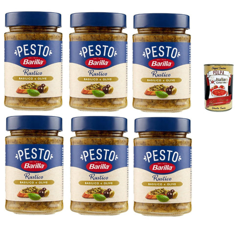 Barilla Pesto Rustico Basilico E Olive, Pesto pasta sauce mit Basilikum und Oliven, Mit Olivenstücken. 6x 200g Original italienisch inkl. Italian Gourmet Polpa 400g
