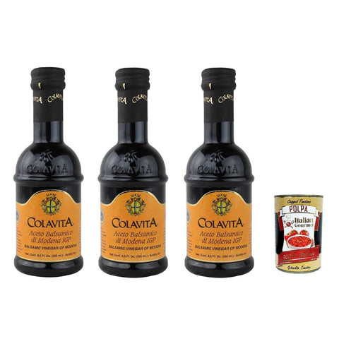Colavita Aceto Balsamico di Modena IGP, I.G.P, Balsamico-Essig aus Modena 3x 250ml Glasflasche Original italienisch inkl. Italian Gourmet Polpa 400g
