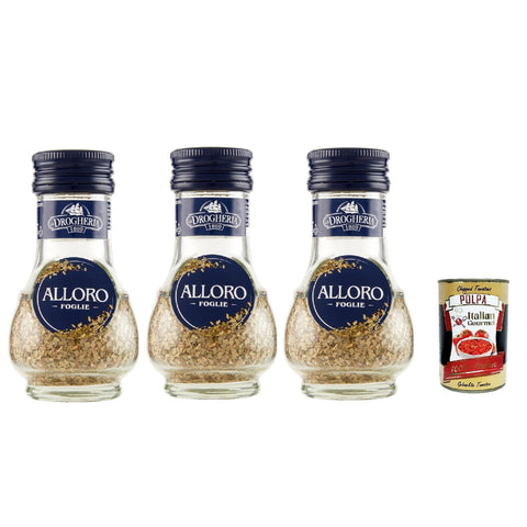 La Drogheria Foglio di Alloro, Macinate, Gemahlenes Lorbeerblatt, Ideal zum Marinieren von Fleisch und Spiel, Gewürzen geschmort und geröstet, Hülsenfischsuppen 3x 18 g inkl. Italian Gourmet polpa 400g Original italienisch