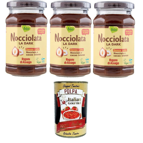 Rigoni di asiago Nocciolata, La Dark, Milchfrei,, Haselnusscreme ohne Palmöl, Nuss Nougat Creme ohne Palmöl, Leckerer Brotaufstrich, Vegan 3x 250g inkl. Italian Gourmet polpa 400g Original italienisch