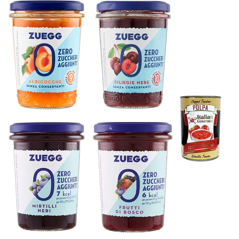Zuegg zero zuccheri marmelade jam Zuckerfrei 4x 220g Testpaket Original italienisch inkl. Italian Gourmet Polpa 400g