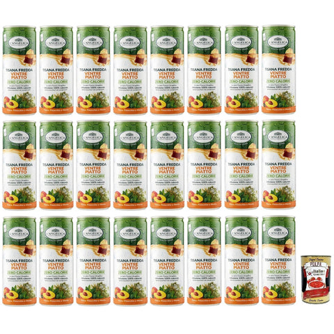 L' Angelica Tisana a Freddo Ventre Piatto, Kalter Kräutertee, Geschmack von Pfirsich, Fenchel und Minze, Kalorienfrei, Zuckerfrei, Einwegdose 24x 240ml inkl. Italian Gourmet Polpa di Pomodoro 400g Dose Original italienisch
