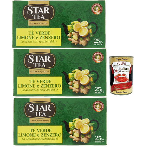 Tè STAR Grüner Tee mit Zitrone und Ingwer, Packung mit 25 Filtern, eine feine Mischung mit einem reichen und faszinierenden Geschmack 3x 42.5g inkl. Italian Gourmet polpa 400g Original italienisch