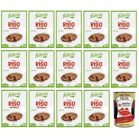 Felicia Penne di Riso Integrale,Pasta mit 100 % braunem Reis aus der italienischen Lieferkette,Bio und Natürlich Glutenfrei,Packung mit 340g 14x Original italienisch inkl. Italian Gourmet Polpa di Pomodoro 400g Dose