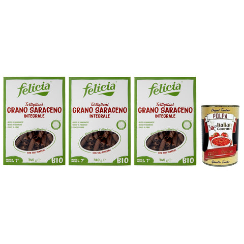 Felicia Tortiglioni di Grano Saraceno Integrale, Pasta mit 100% Bio - Buchweizen, Bio und Natürlich Glutenfrei, Packung mit 3x 340g inkl. Italian Gourmet Polpa di Pomodoro 400g Dose Original italienisch