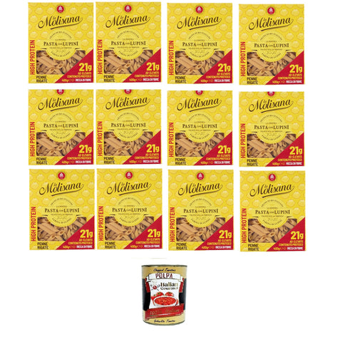 La Molisana Penne rigate mit Lupinen, Protein-Tagliatelle mit Lupinenmehl und italienischem Hartweizengrieß - bronzegezogen,12x400gr Original italienisch inkl. Italian Gourmet Polpa 400g