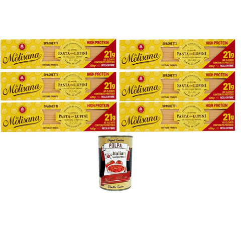 La Molisana Spaghetti mit Lupinen, Protein-Tagliatelle mit Lupinenmehl und italienischem Hartweizengrieß - bronzegezogen,6x400gr Original italienisch inkl. Italian Gourmet Polpa 400g