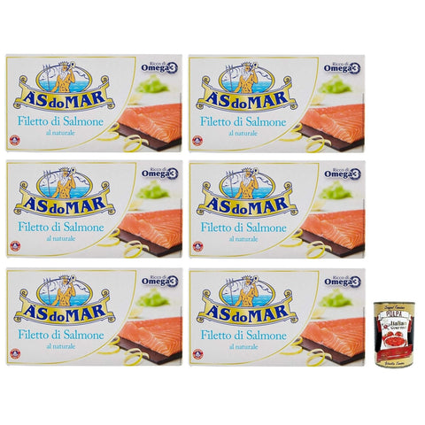 AS do Mar Filetto di Salmone al Naurale,Natürliches Lachsfilet,Reich an Omega 3,Dose 150g 6x Original italienisch inkl. Italian Gourmet Polpa di Pomodoro 400g Dose
