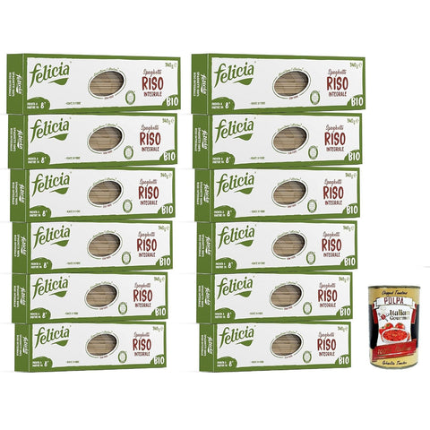 Felicia Spaghetti di Riso Integrale, Pasta, Vollkornnudel, Paste reich an Ballaststoffen und Proteinen, Veganer, Vegan 12x 340g inkl. Italian Gourmet polpa 400g Original italienisch