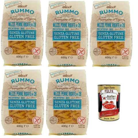 Rummo Pasta Nudeln Glutenfreie Mezze Penne Rigate, Bronze Gezeichnete gluteinfrei, perfekt für Menschen mit Zöliakie oder Glutenunverträglichkeit, 5x 400 g Original italienisch inkl. Italian Gourmet Polpa 400g