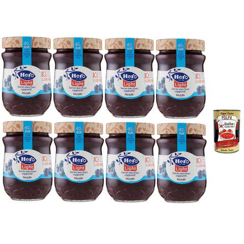 Hero Light Blaubeeren, Marmelade, 8 Gläser mit, Marmelade und zusätzlicher Marmelade, hochwertige Früchte, ohne Konservierungsstoffe und ohne Farbstoffe 280 g inkl. Italian Gourmet polpa 400g Original italienisch