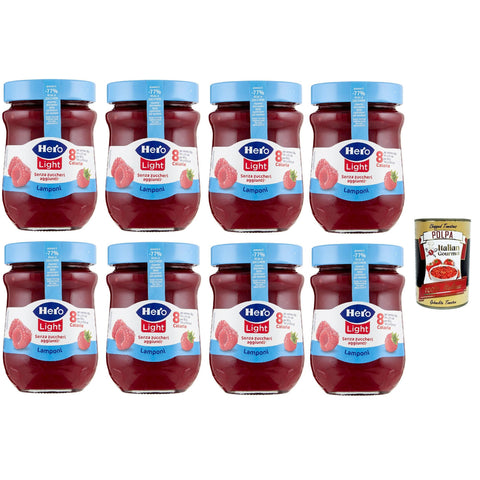 Hero Light Light Himbeeren Marmelade, 8 Gläser mit 280 g, Marmelade und zusätzlicher Marmelade, hochwertige Früchte, ohne Konservierungsstoffe und ohne Farbstoffe Original italienisch inkl. Italian Gourmet Polpa 400g