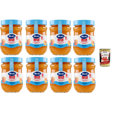 Hero Light Light Pfirsich Marmelade, 8 Gläser mit 280 g, Marmelade und zusätzlicher Marmelade, hochwertige Früchte, ohne Konservierungsstoffe und ohne Farbstoffe Original italienisch inkl. Italian Gourmet Polpa 400g