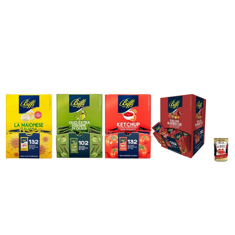 Biffi Italienische Saucen Set, Mayonnaise 132 Stück, Olivenöl 102 Stück, Ketchup 132 Stück, BBQ-Sauce 132 Stück, Einweg-Portionspackungen Original italienisch inkl. Italian Gourmet Polpa 400g