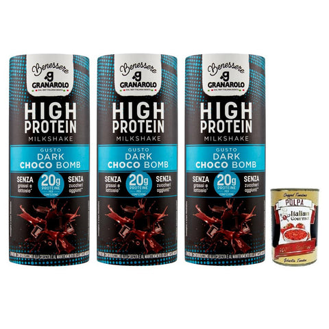 Granarolo HIGH PROTEIN Milkshake DARK CHOCO BOMB,UHT-Dauergetränk auf Basis von Magermilch,Laktosefrei und Glutenfrei,235ml 3x Original italienisch inkl. Italian Gourmet Polpa di Pomodoro 400g Dose