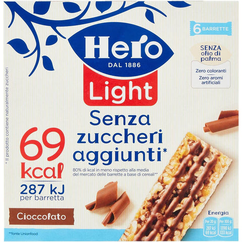 Hero Light Schoko Müsliriegel Schokolade, ohne Palmöl, ohne Konservierungsstoffe, ohne Farbstoffe, ohne Zuckerzusatz 120g 6x Original italienisch
