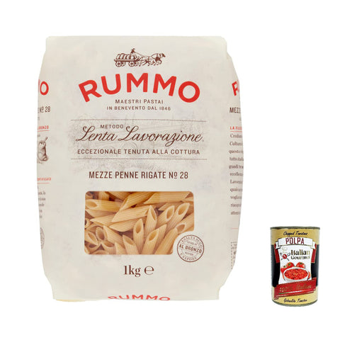Rummo Mezze penne rigate N. 28 Hartweizengrieß Pasta Italienische Nudeln 1Kg Packung 12x Original italienisch inkl. Italian Gourmet Polpa di Pomodoro 400g Dose