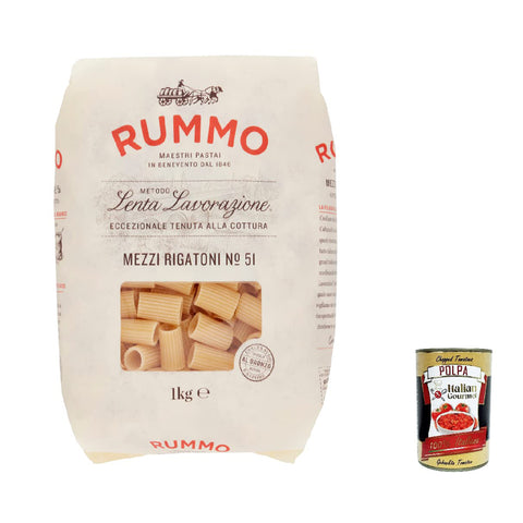 Rummo Mezzi rigatoni N. 51 Hartweizengrieß Pasta Italienische Nudeln 1Kg Packung 12x Original italienisch inkl. Italian Gourmet Polpa di Pomodoro 400g Dose