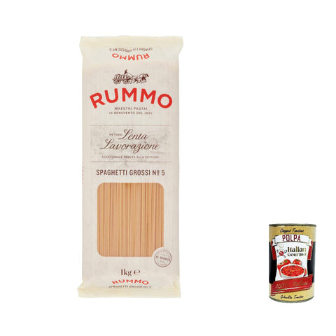 Rummo Spaghetti Grossi N. 5 Hartweizengrieß Pasta Italienische Nudeln 1Kg Packung 12x Original italienisch inkl. Italian Gourmet Polpa di Pomodoro 400g Dose