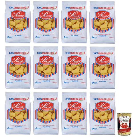 Russo Millerighe N°26 Hartweizengrieß Pasta,100% Italienischer Weizen,500g-Packung 12x Original italienisch inkl. Italian Gourmet Polpa di Pomodoro 400g Dose