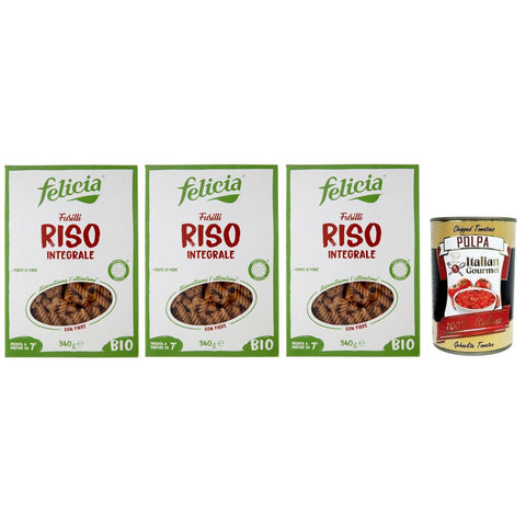 Felicia Fusilli di Riso Integrale, Pasta mit 100 % braunem Reis aus der italienischen Lieferkette, Bio und Natürlich Glutenfrei, Packung mit 3x 340g inkl. Italian Gourmet Polpa di Pomodoro 400g Dose Original italienisch
