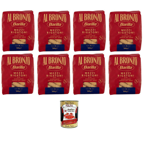 Barilla Al Bronzo Pasta Mezzi Rigatoni Bronze Gezogene Pasta Rohe Verarbeitungsmethode 8x 500gr Original italienisch inkl. Italian Gourmet Polpa 400g