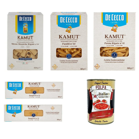 De Cecco nudeln Testpaket Kamut Marke von Khorasan - Weizen 5x 500g inkl. Italian Gourmet polpa 400g Original italienisch