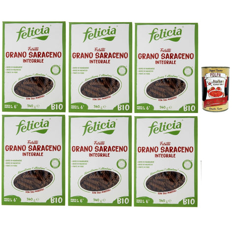 Felicia Fusilli di Grano Saraceno Integrale,Pasta mit 100% Buchweizen, Natürlich Glutenfrei,Packung mit 6x 340g Original italienisch inkl. Italian Gourmet Polpa di Pomodoro 400g Dose
