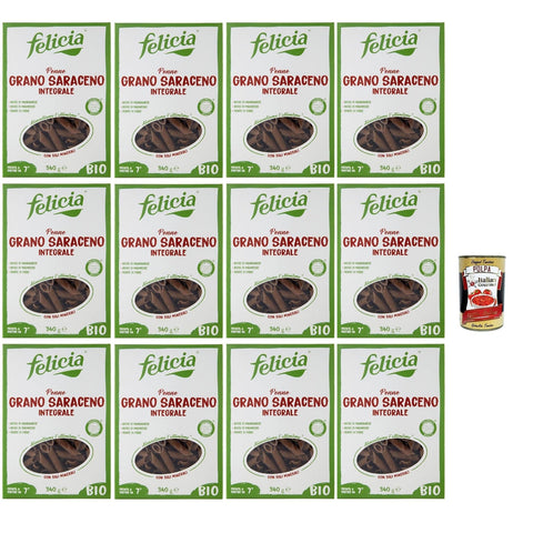 Felicia Penne di Grano Saraceno Integrale, Pasta mit 100% Buchweizen, Natürlich Glutenfrei, Packung mit 12x 340g inkl. Italian Gourmet Polpa di Pomodoro 400g Dose Original italienisch