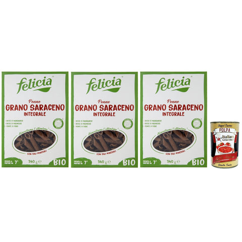 Felicia Penne di Grano Saraceno Integrale, Pasta mit 100% Buchweizen, Natürlich Glutenfrei, Packung mit 3x 340g inkl. Italian Gourmet Polpa di Pomodoro 400g Dose Original italienisch