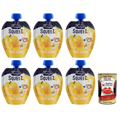Melinda Mela Banana Squeez 100% Frucht, Apfel - und Bananenpüree, Obst zum Auspressen 90g inkl. Italian Gourmet Polpa di Pomodoro 400g Dose Original italienisch