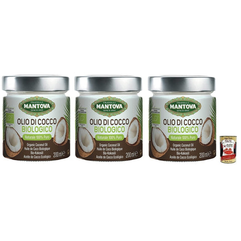 Fratelli Mantova Olio Di Cocco Biologico,Bio-Kokosöl,100% Natürlich,200-ml-Glas 3x Original italienisch inkl. Italian Gourmet Polpa di Pomodoro 400g Dose