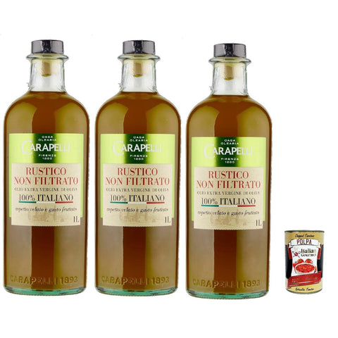 Carapelli Rustico Non Filtrato Extra Vergine Olivenöl, 100%, 3x 1 Liter Flaschen, Unfiltriert inkl. Italian Gourmet polpa 400g Original italienisch