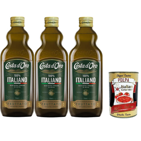 Costa d'oro Der Italiener 750 ml. Natives Olivenöl extra kalt gewonnen aus 100% italienischen Oliven, fruchtig. 3x 75 cl Flasche Original italienisch inkl. Italian Gourmet Polpa 400g