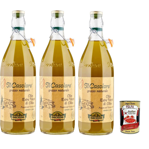 Farchioni Casolare, Il grezzo, Kaltgepresst, Olivenöl Extra Vergine 3x 1Lt 100% extra nativ natives Olio Oliva Original italienisch inkl. Italian Gourmet Polpa 400g