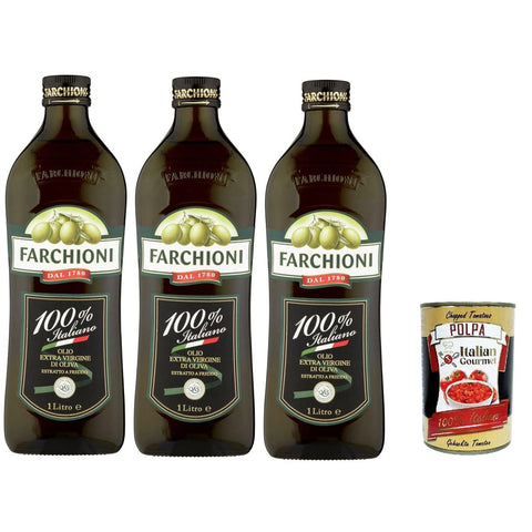 Farchioni Olio Extra Vergine di Oliva 100% Italiano Natives Olivenöl extra mit Italienische Oliven 3x 1Lt kalte Extraktion Speiseöl Original italienisch inkl. Italian Gourmet Polpa 400g