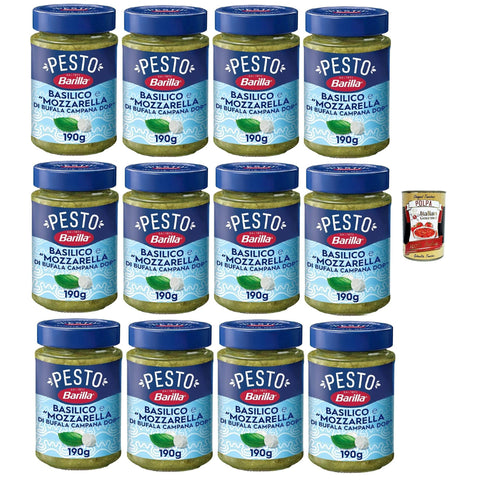 Barilla Pesto Basilico e Mozzarella di Bufala Campana DOP, Gewürz und Sauce für Pasta, 12x 190g Original italienisch inkl. Italian Gourmet Polpa 400g